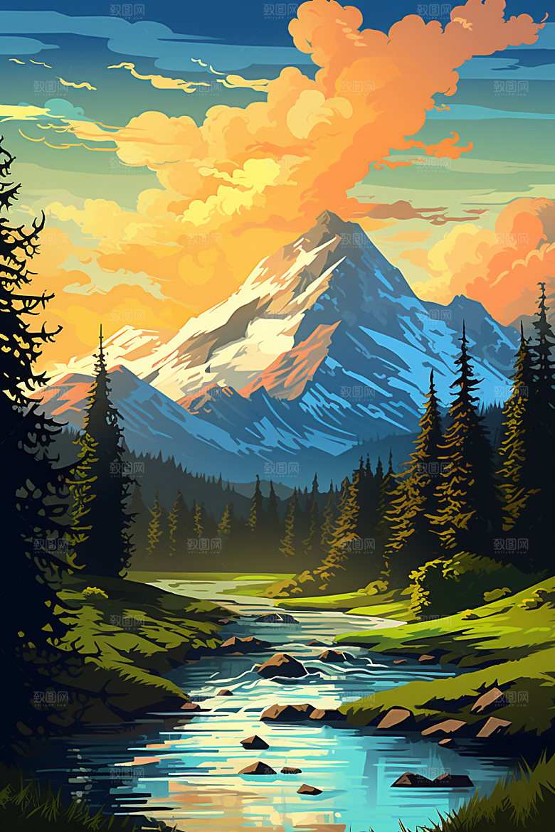 山峰风光自然插画