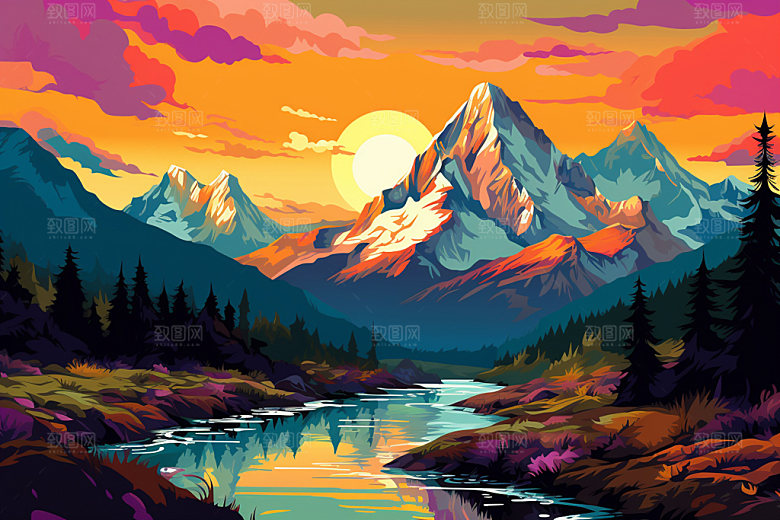 山峰高山手绘插画