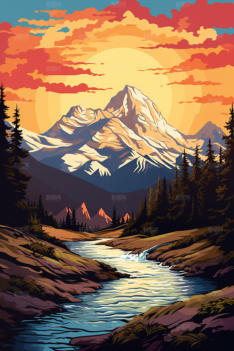 山峰雪山山顶插画