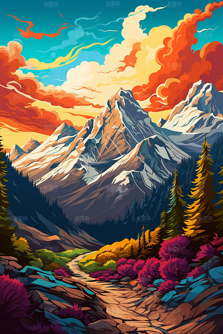 山峰雪山美式风格插画