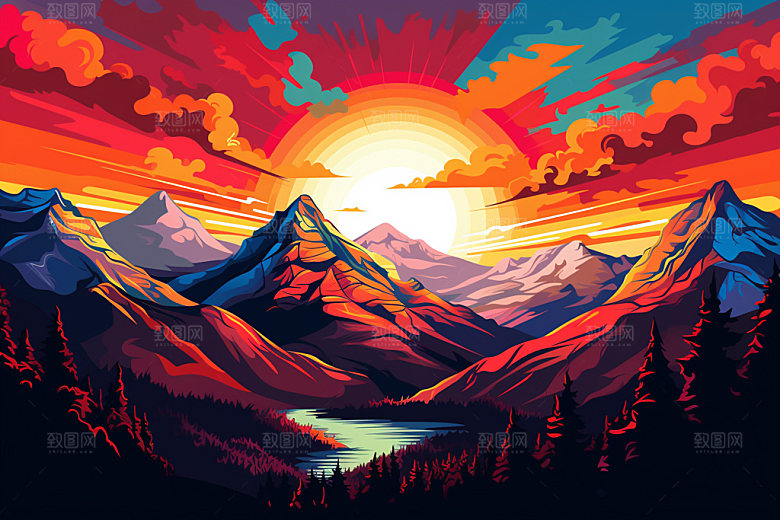 山峰高山自然插画