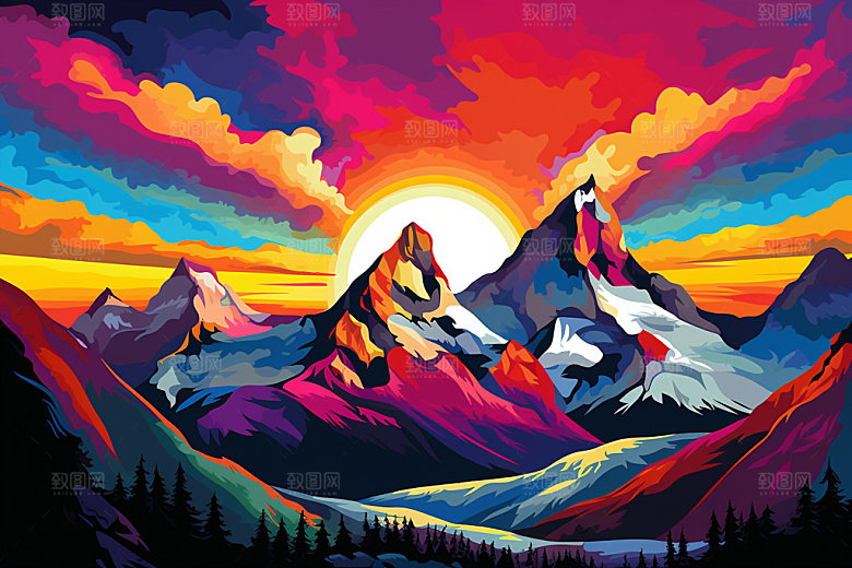 山峰艺术画风山顶插画