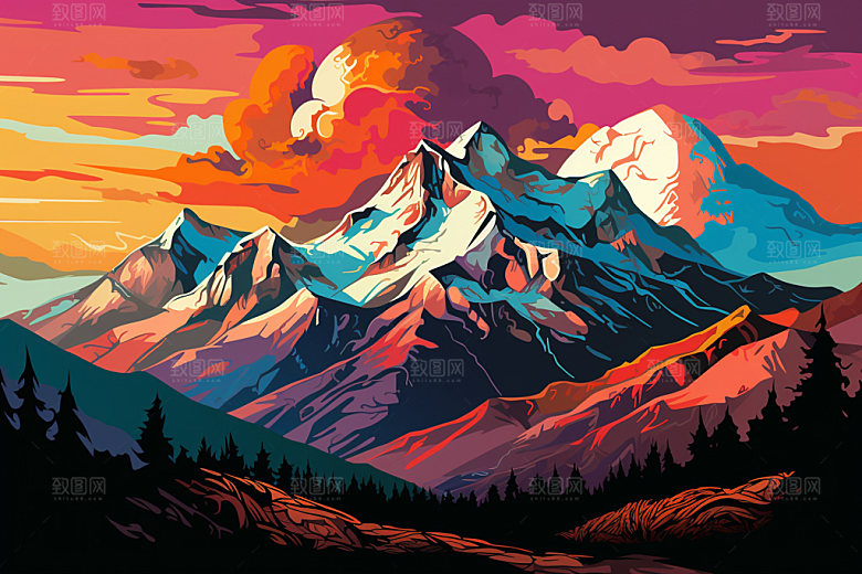 山峰自然美式风格插画