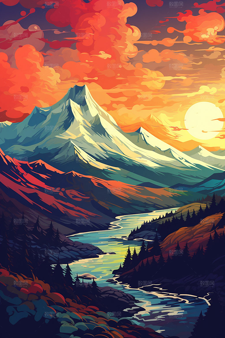 山峰高山手绘插画