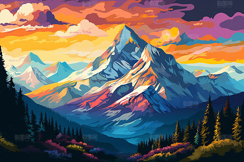 山峰高山艺术画风插画