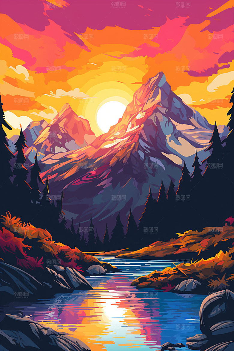 山峰高山手绘插画