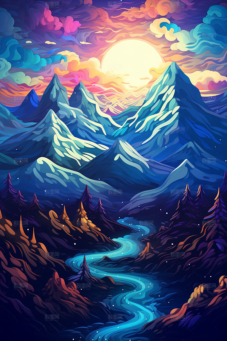山峰手绘雪山插画
