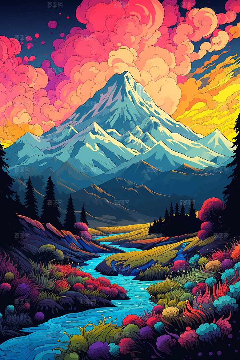 山峰手绘高山插画