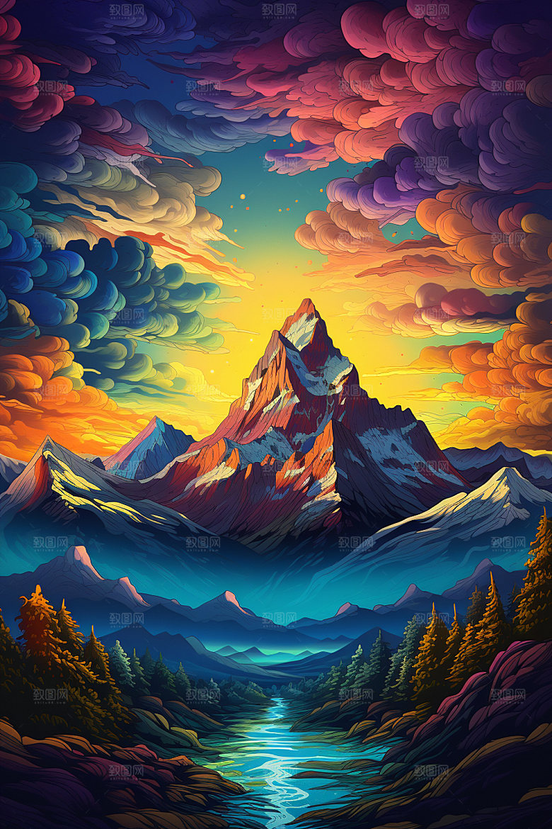 山峰雪山风光插画