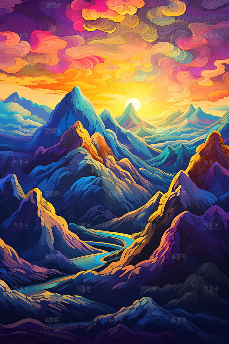 山峰风光自然插画