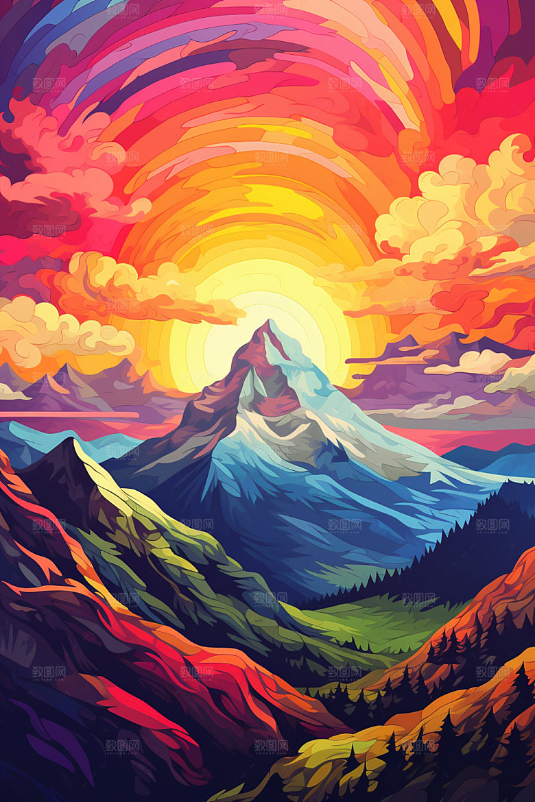 山峰高山美式风格插画