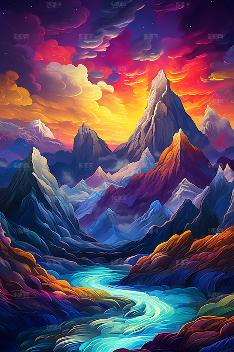 山峰艺术画风自然插画