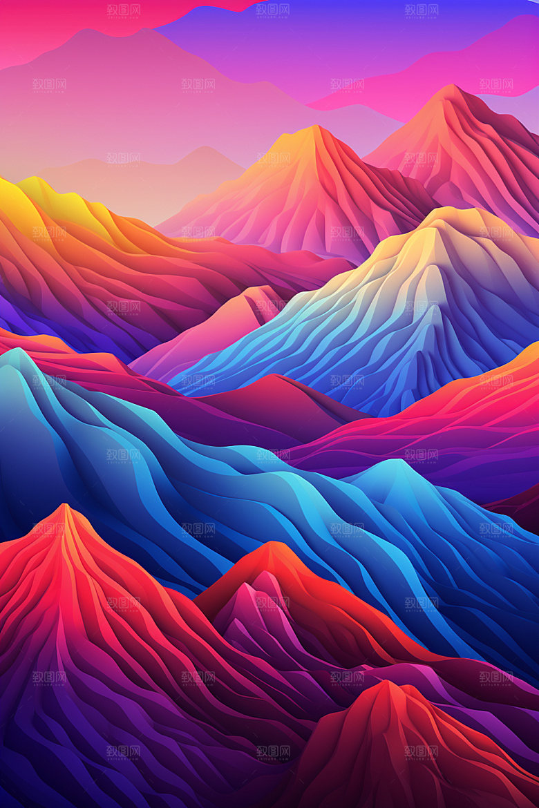 山峰雪山夕阳插画