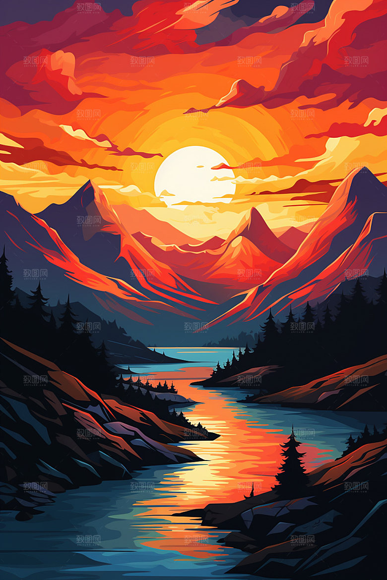 山峰夕阳自然插画
