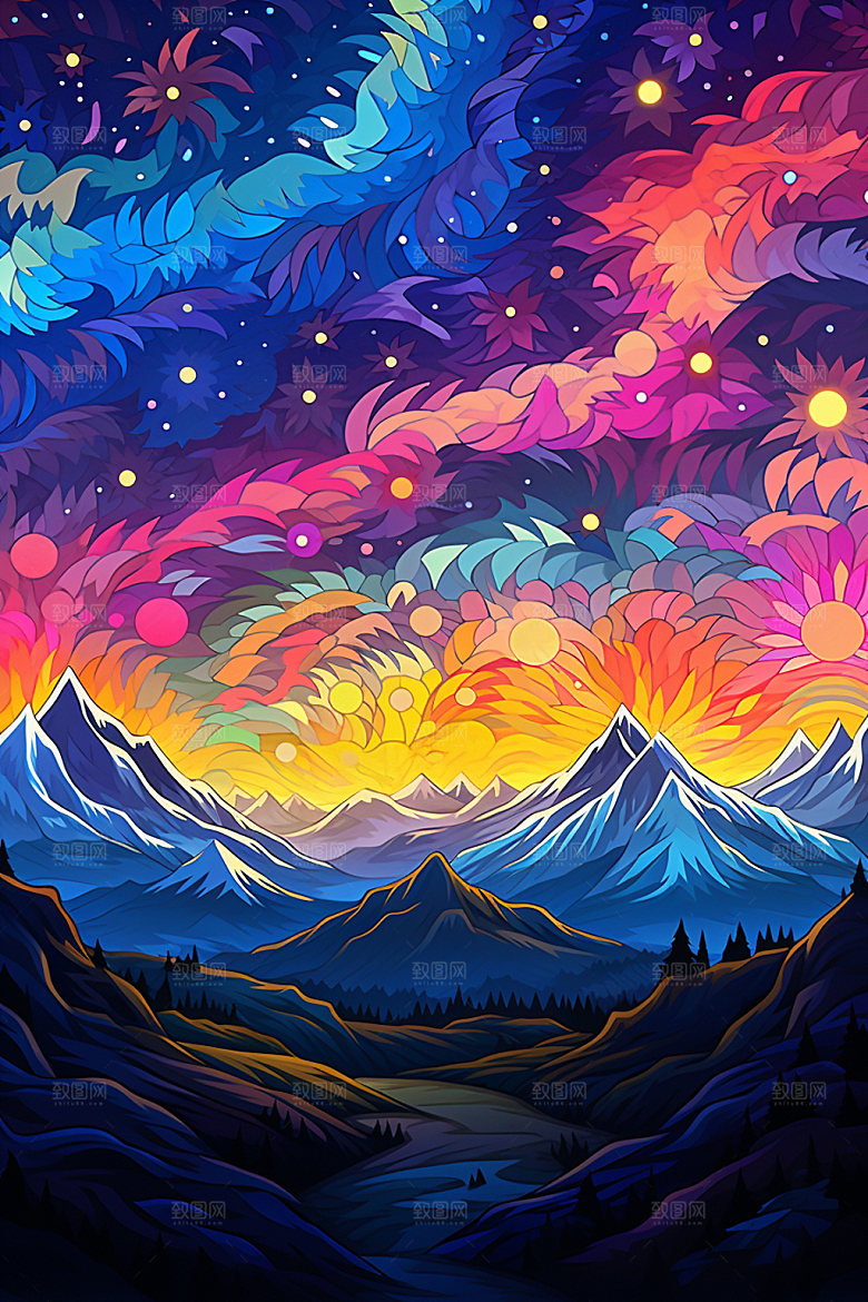 山峰雪山手绘插画