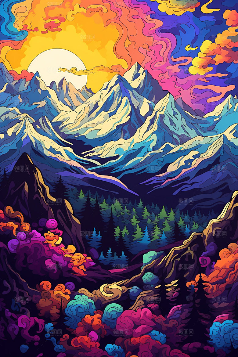 山峰艺术画风雪山插画
