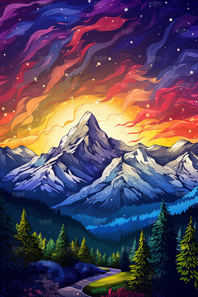 山峰艺术画风美式风格插画