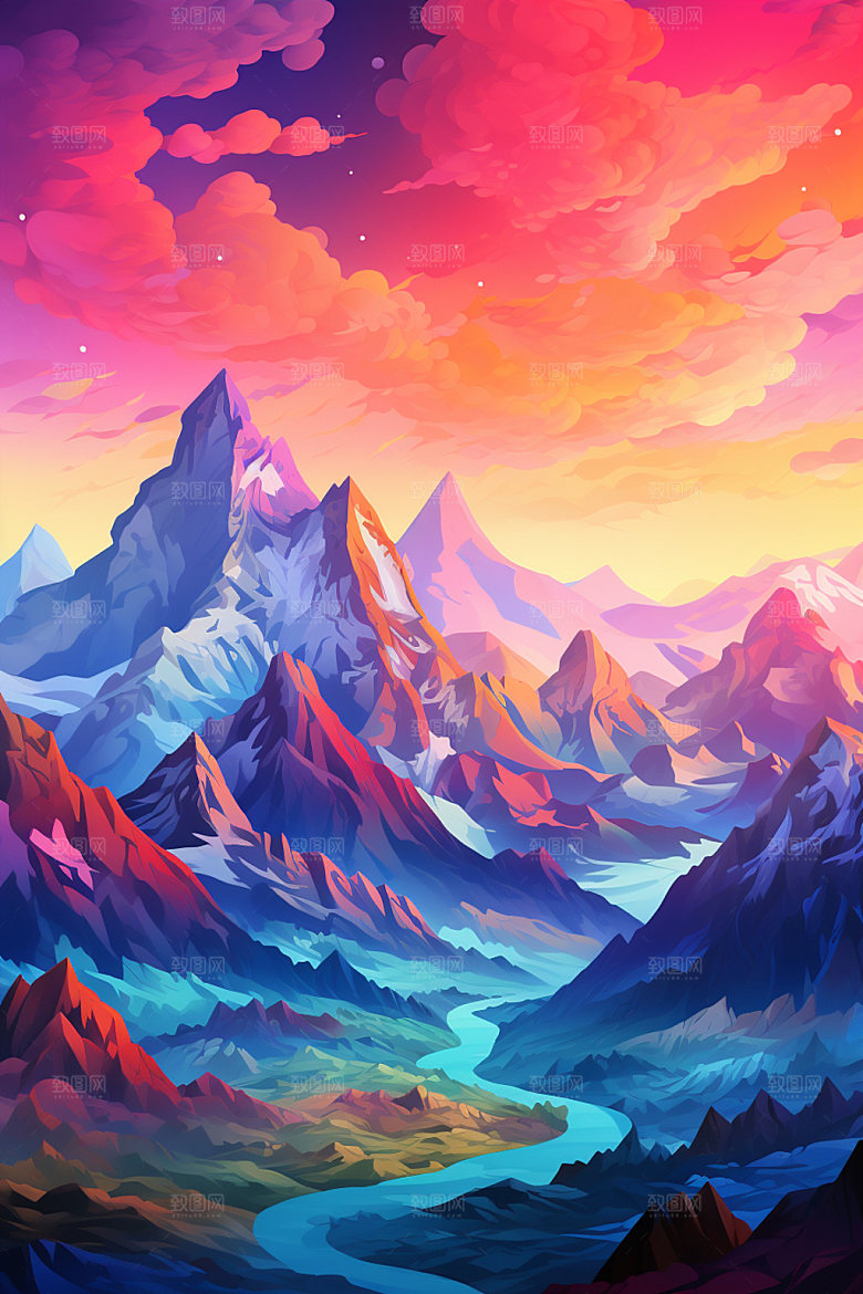 山峰手绘夕阳插画