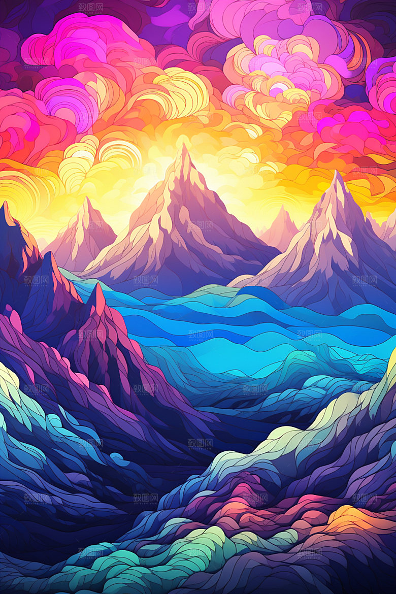 山峰夕阳手绘插画