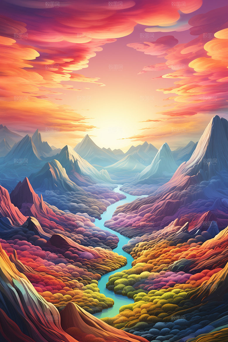 山峰艺术画风雪山插画
