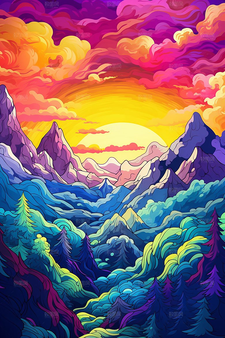 山峰手绘高山插画