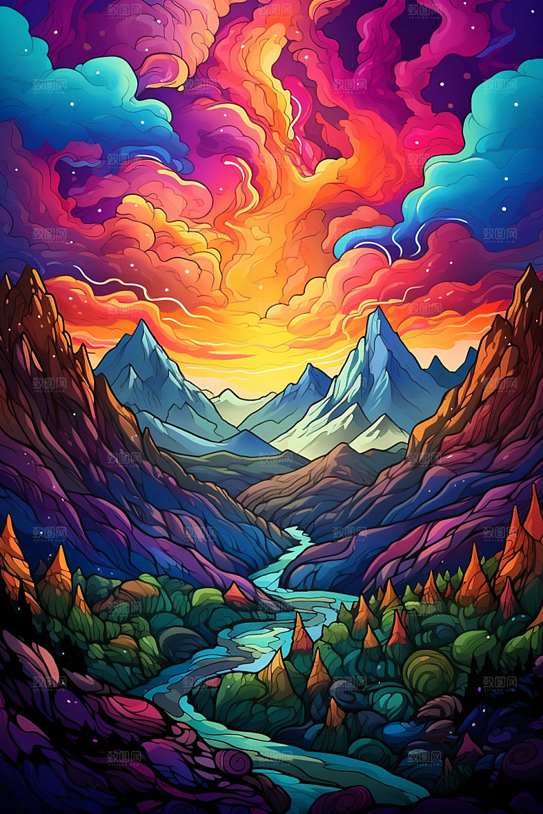 山峰艺术画风高山插画