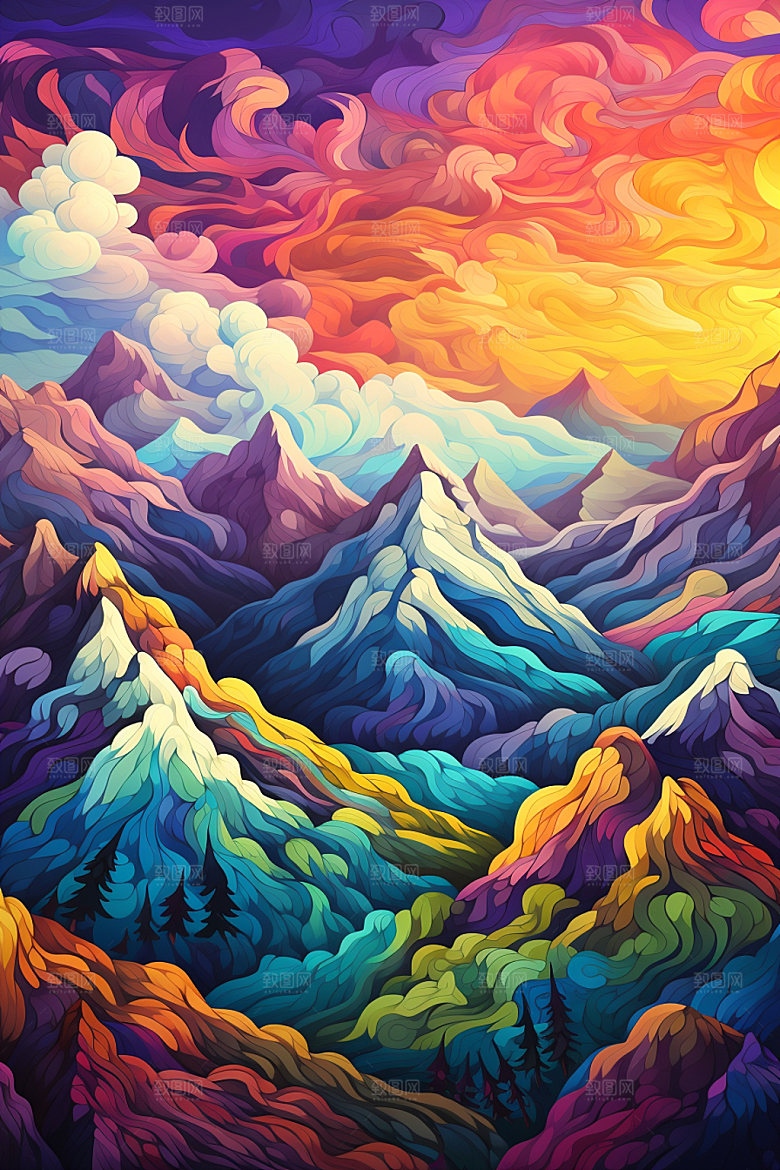 山峰雪山艺术画风插画