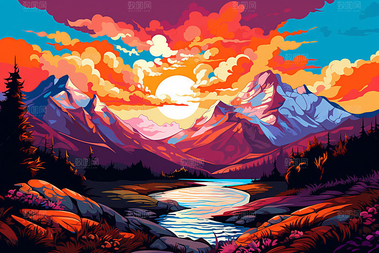 山峰自然手绘插画
