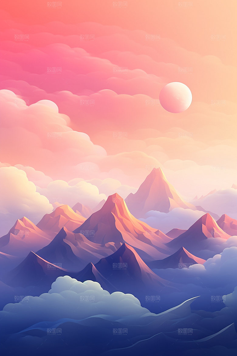 山峰艺术画风夕阳插画