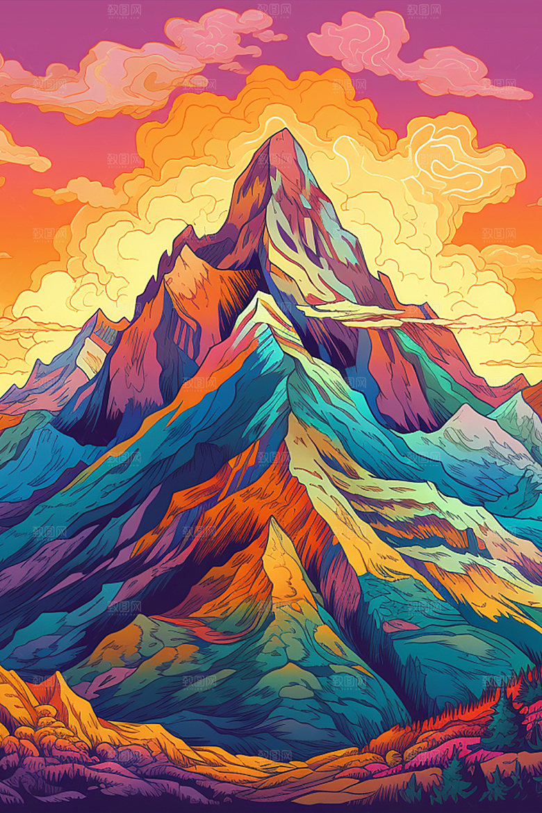 山峰美式风格夕阳插画