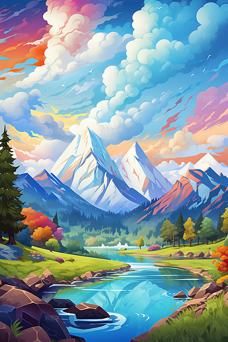 山峰艺术画风夕阳插画