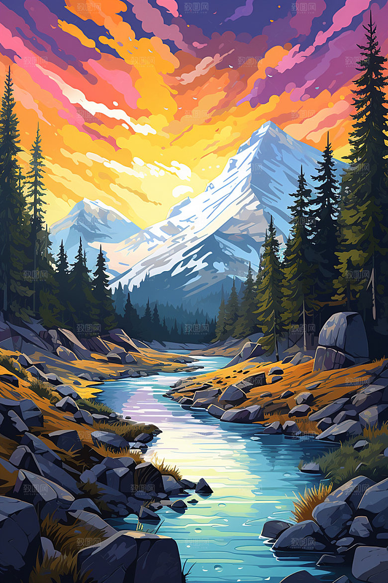 山峰艺术画风手绘插画