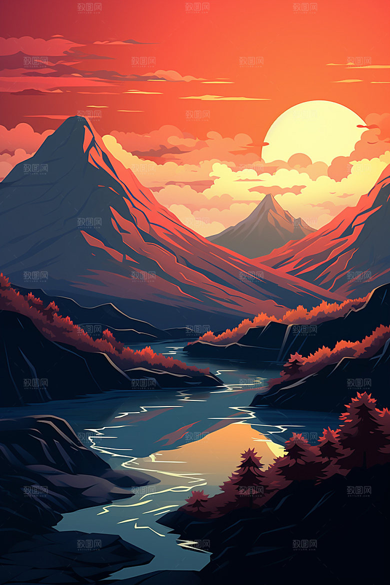 山峰山顶手绘插画