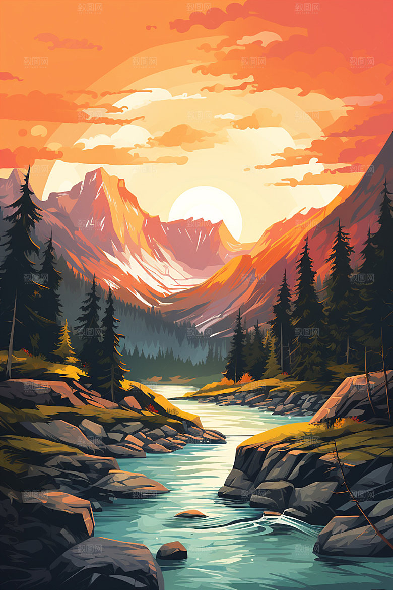 山峰风光自然插画