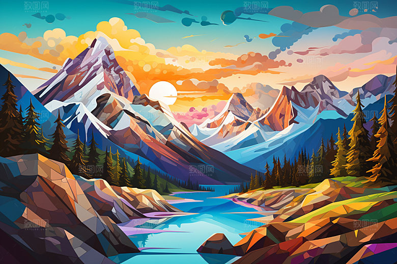 山峰风光夕阳插画