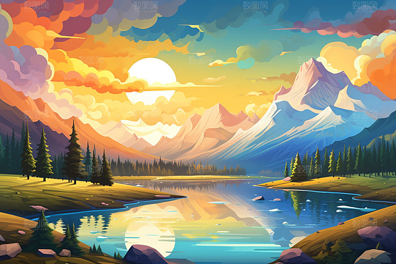 山峰自然美式风格插画