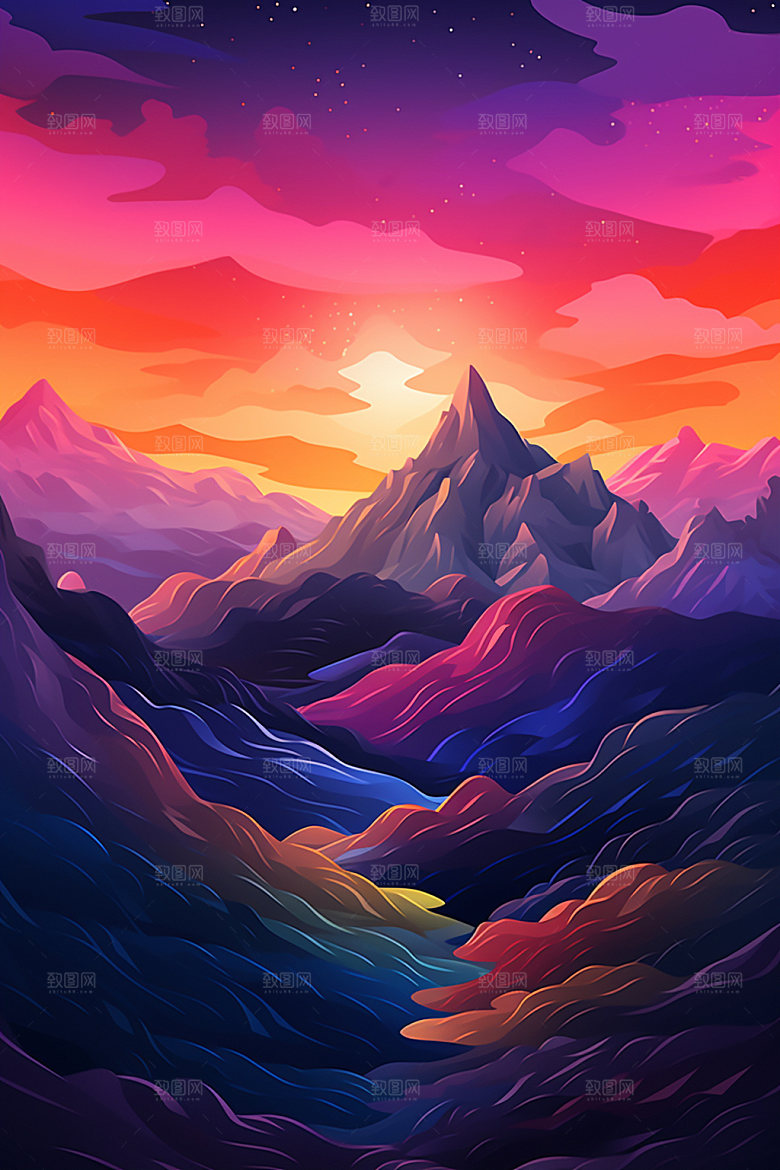 山峰雪山美式风格插画