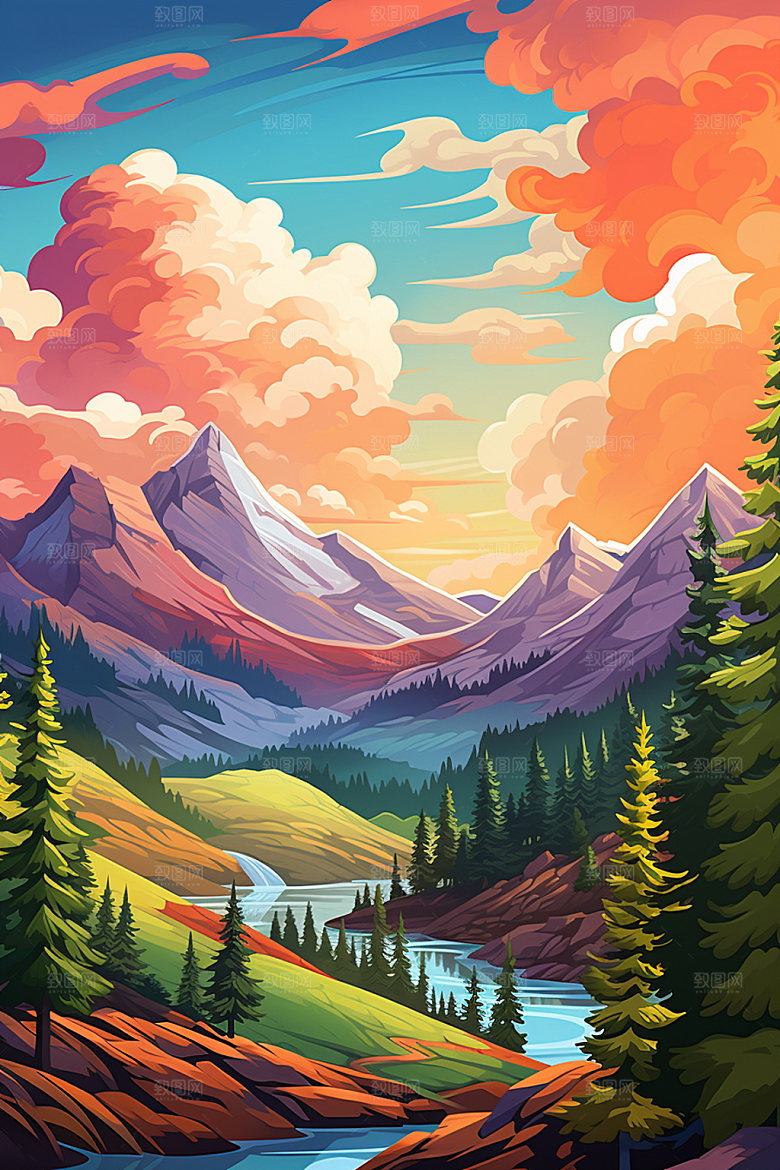 山峰高山夕阳插画