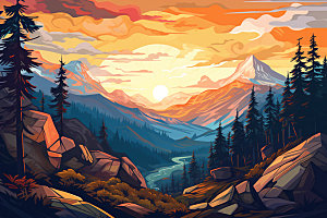 山峰雪山自然插画