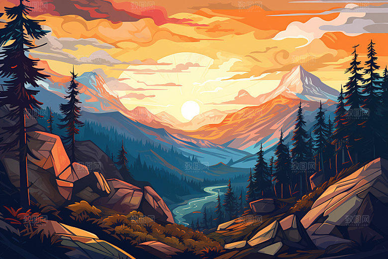 山峰雪山自然插画