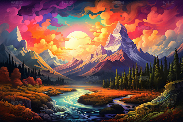 山峰艺术画风夕阳插画