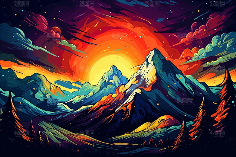 山峰山顶夕阳插画