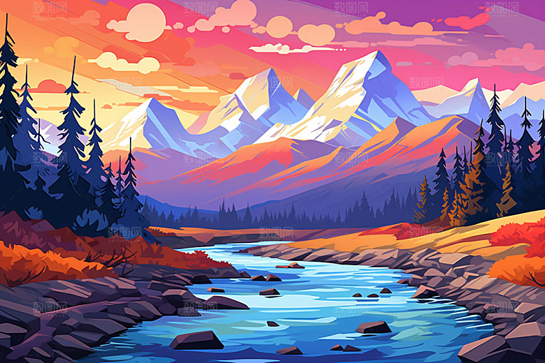 山峰美式风格夕阳插画