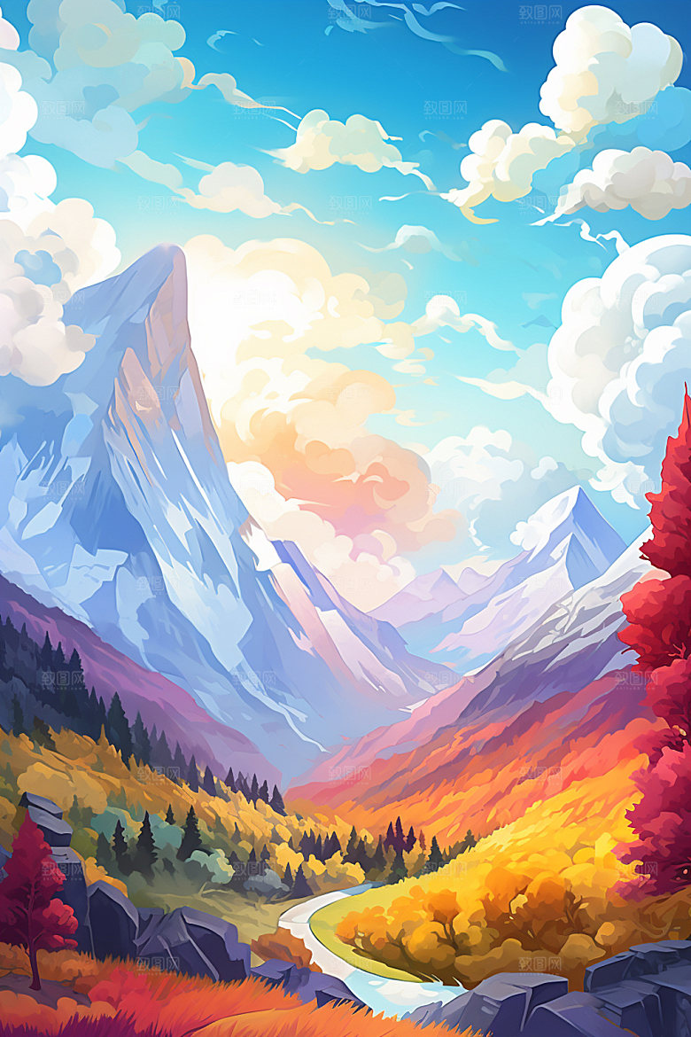 山峰雪山手绘插画