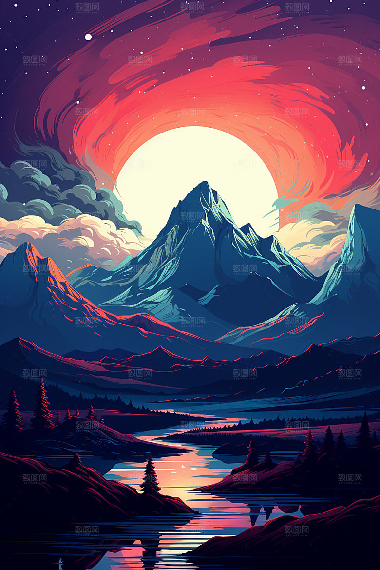 山峰高山手绘插画