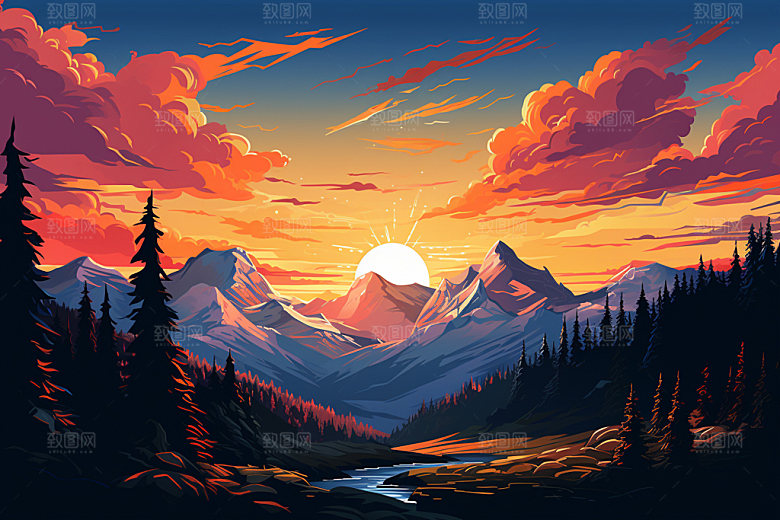 山峰雪山手绘插画