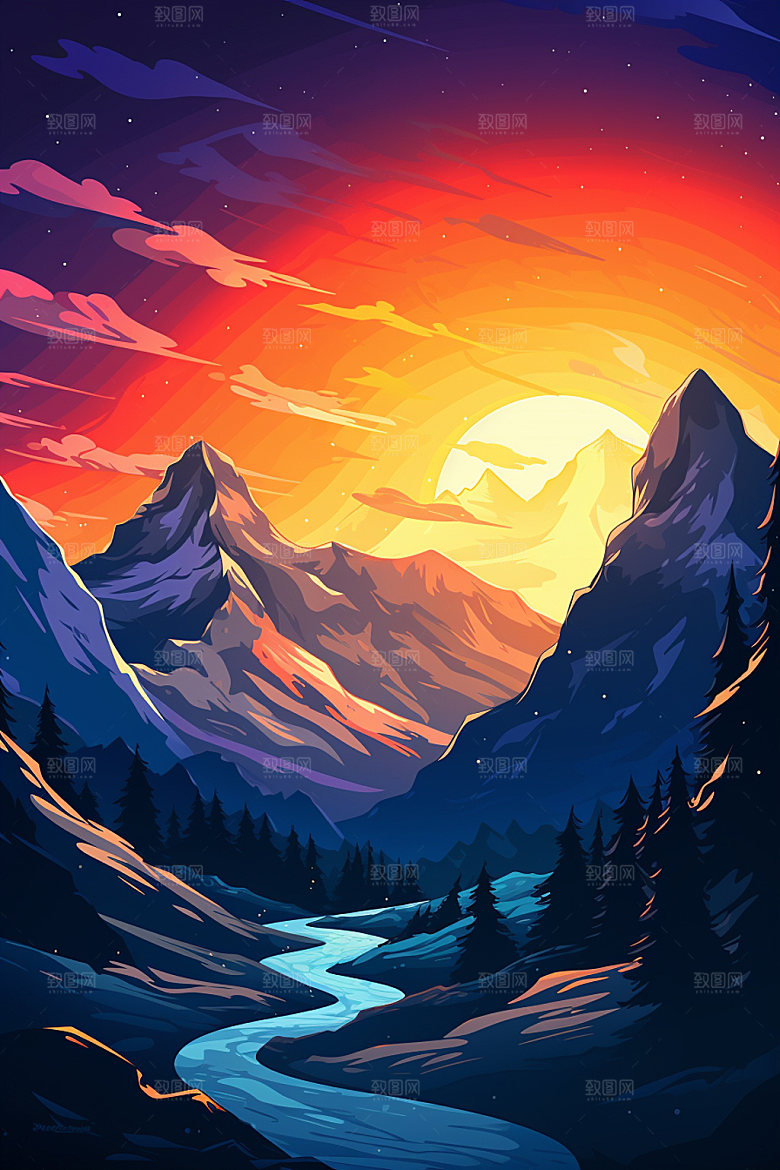 山峰山顶手绘插画