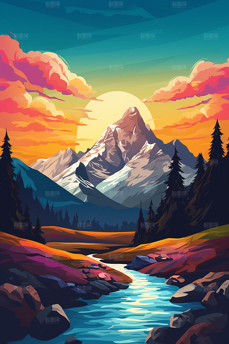 山峰艺术画风夕阳插画