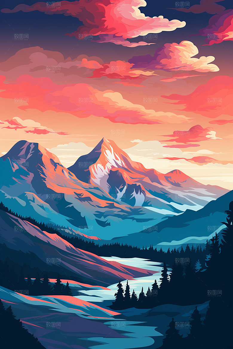 山峰夕阳高山插画