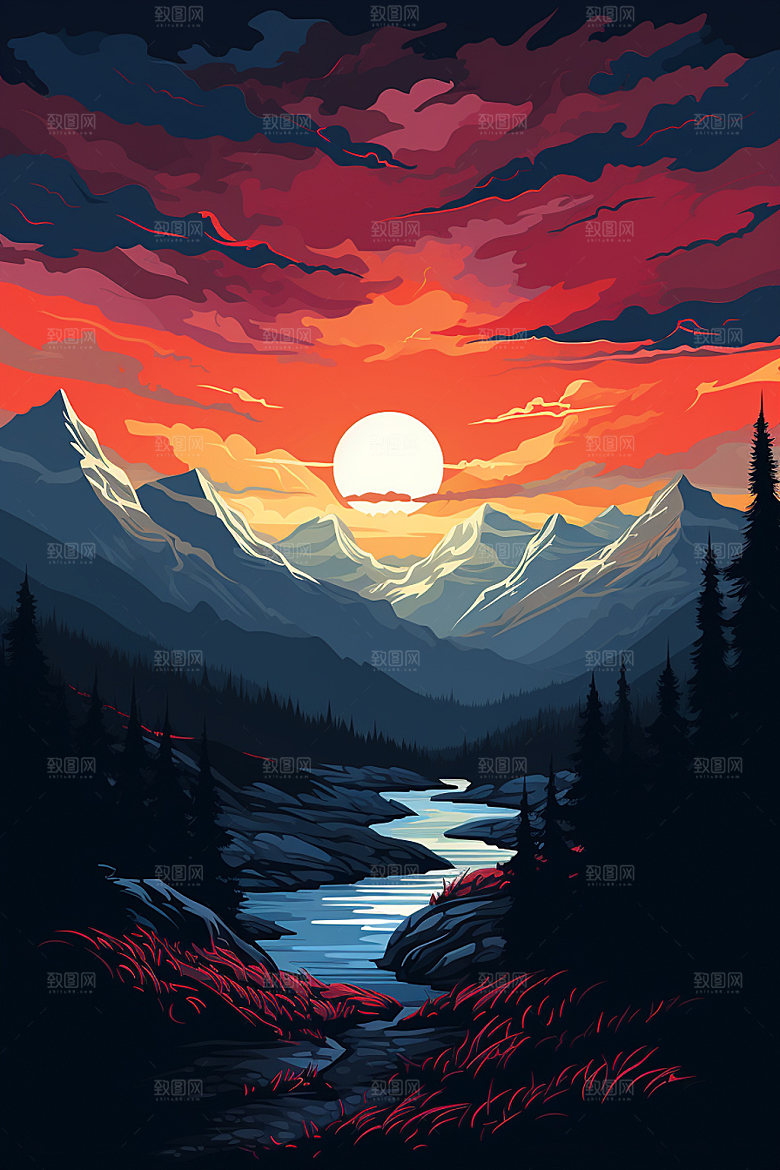 山峰雪山手绘插画